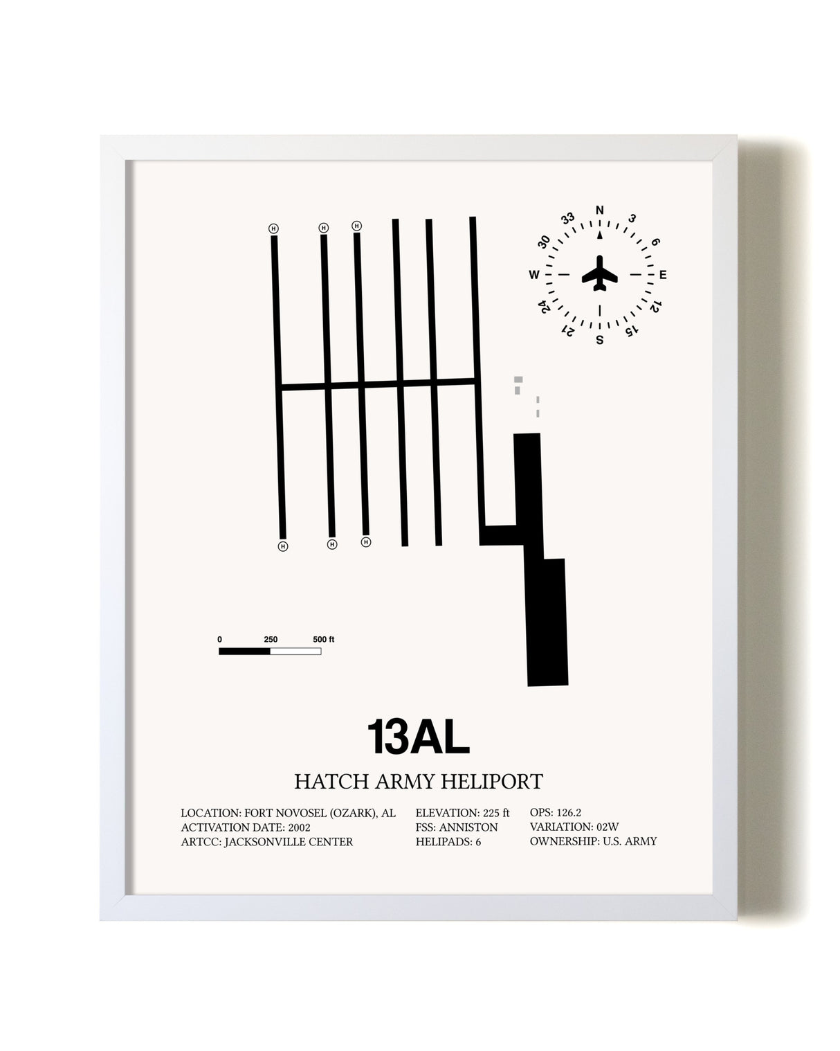 Hatch Army Heliport airport map poster in oak frame
