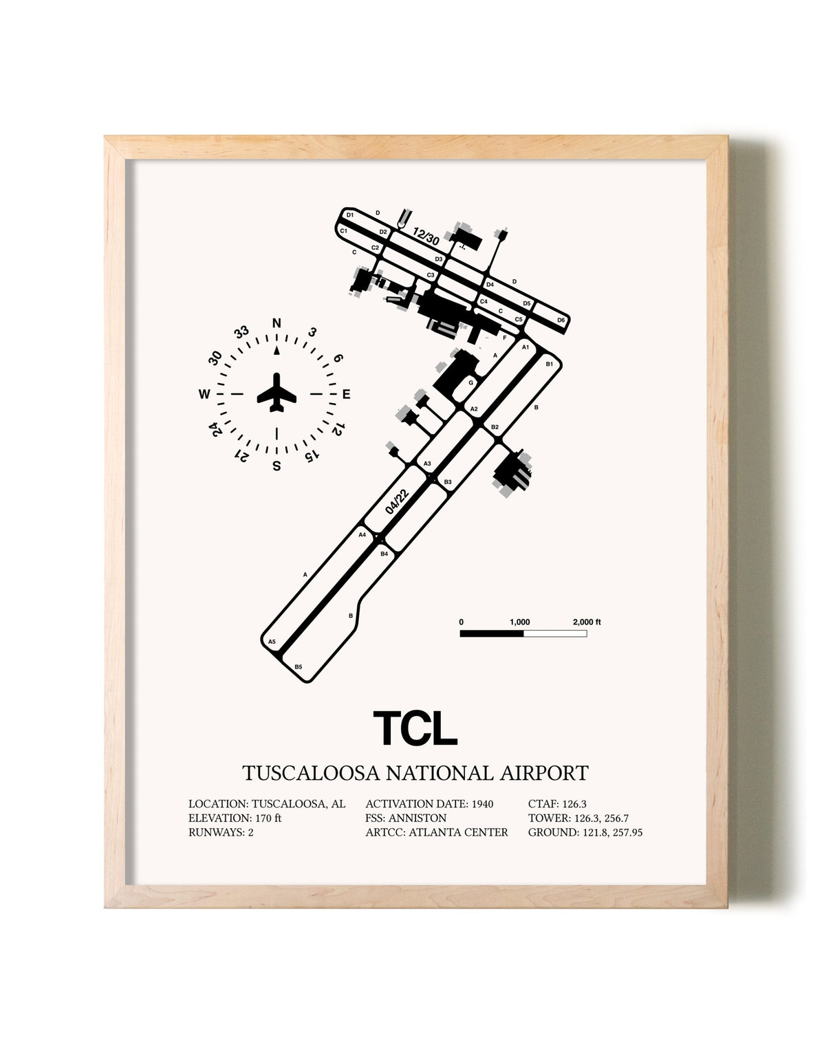 Tuscaloosa National Airport framed wall art in white frame