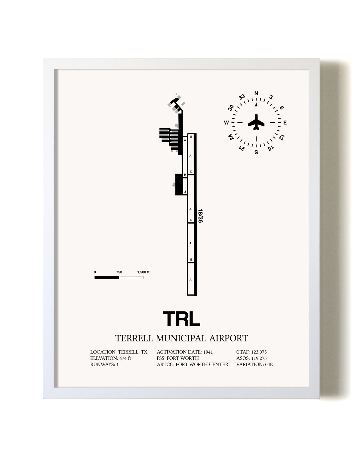 Terrell Municipal Airport airport map poster in oak frame