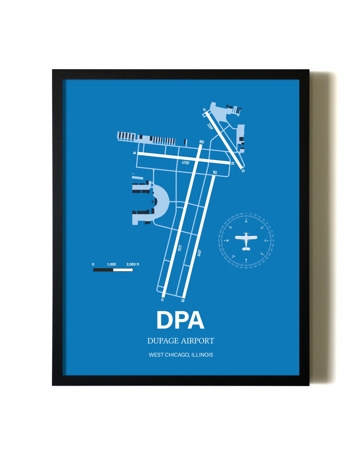 Sky Blue DuPage Airport aviation wall décor in black wood frame