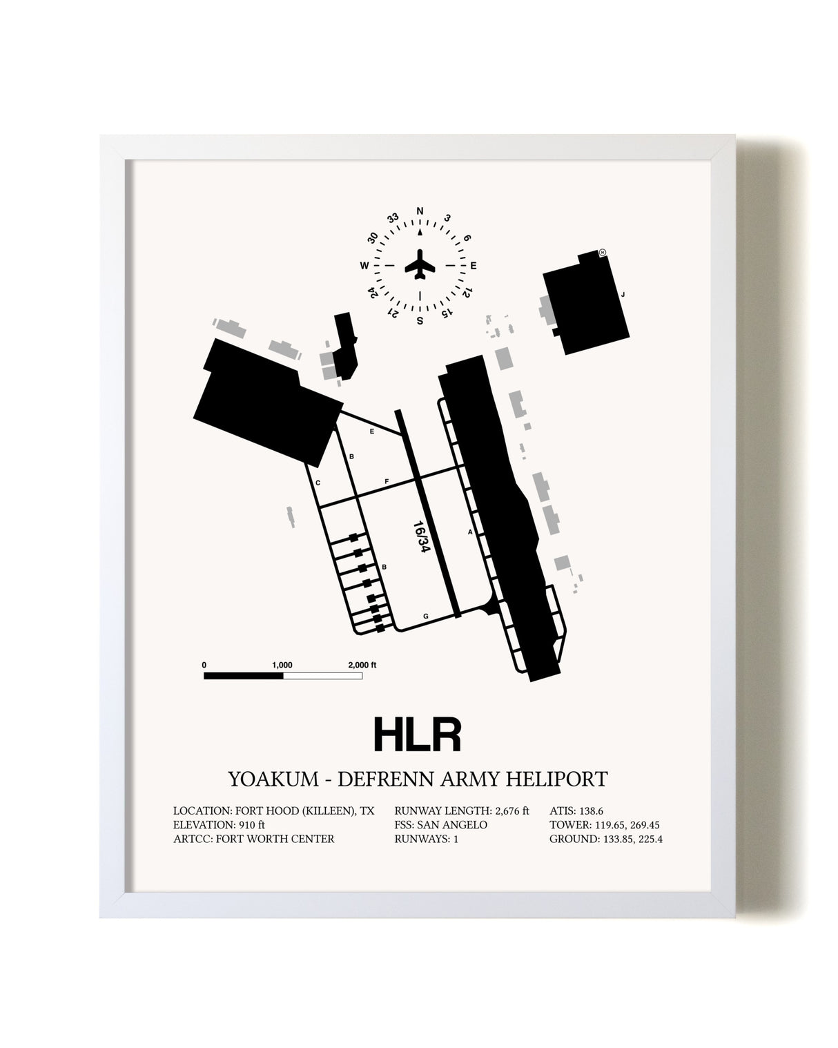 Yoakum-Defrenn Army Heliport airport map poster in oak frame
