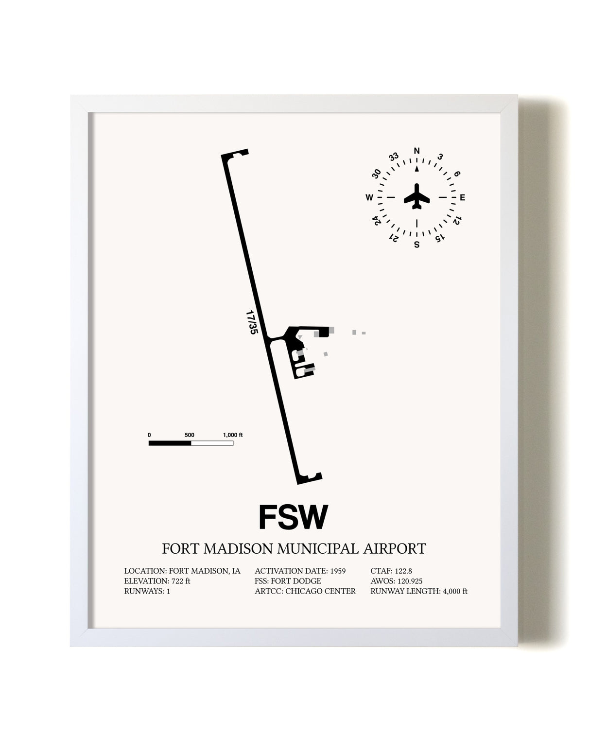 Fort Madison Municipal Airport airport map poster in oak frame