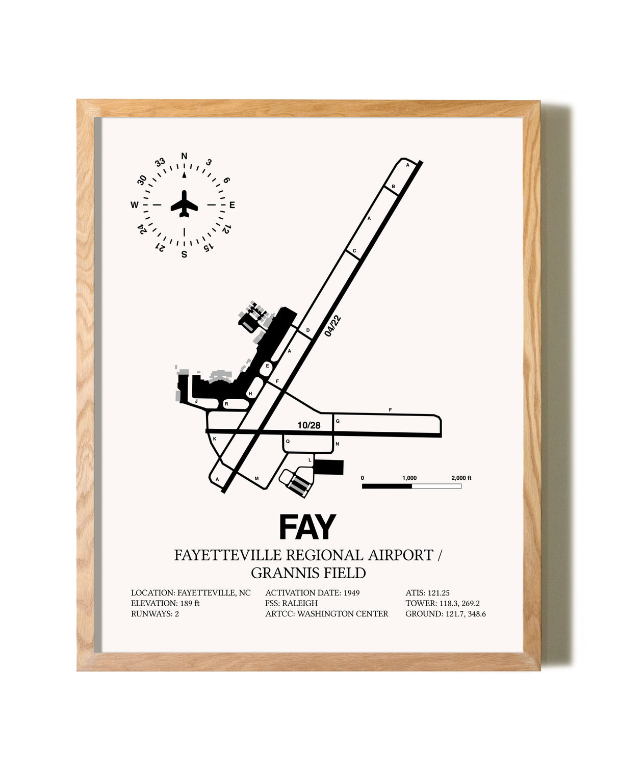 Fayetteville Regional Airport / Grannis Field framed print in natural wood frame