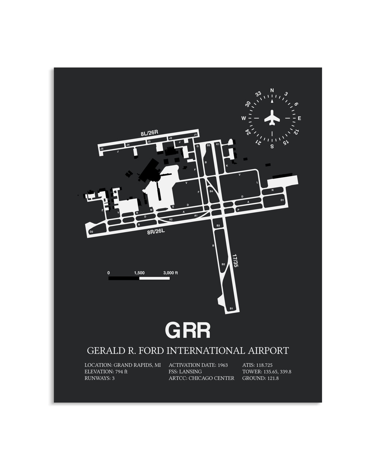 Gray Framed Gerald R. Ford International Airport layout wall art poster