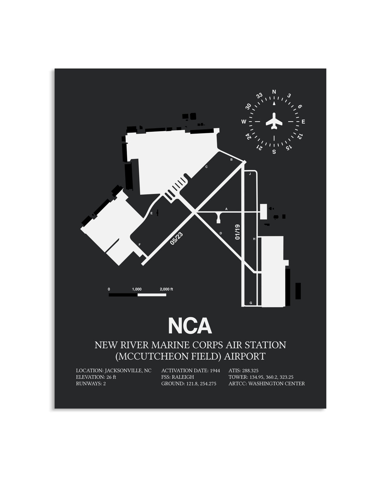 Gray Framed New River Marine Corps Air Station (McCutcheon Field) Airport layout wall art poster