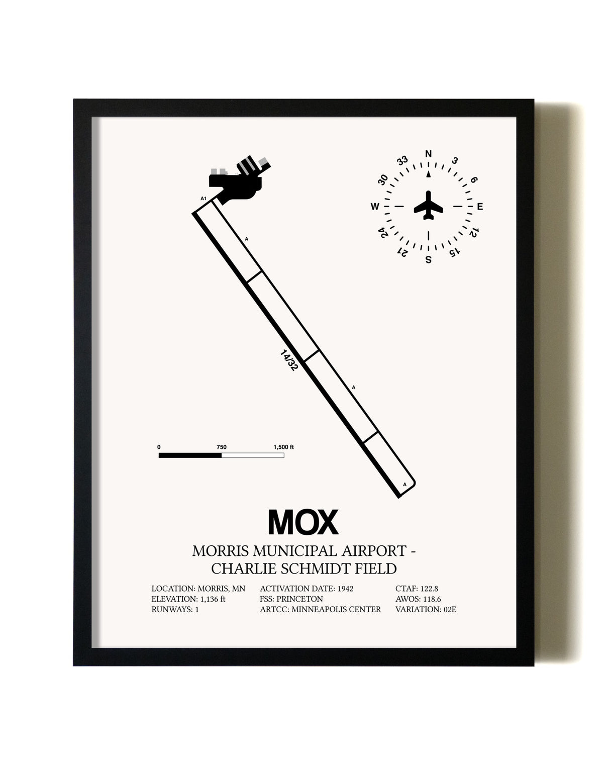 Framed Morris Municipal Airport-Charlie Schmidt Field wall art poster in black frame
