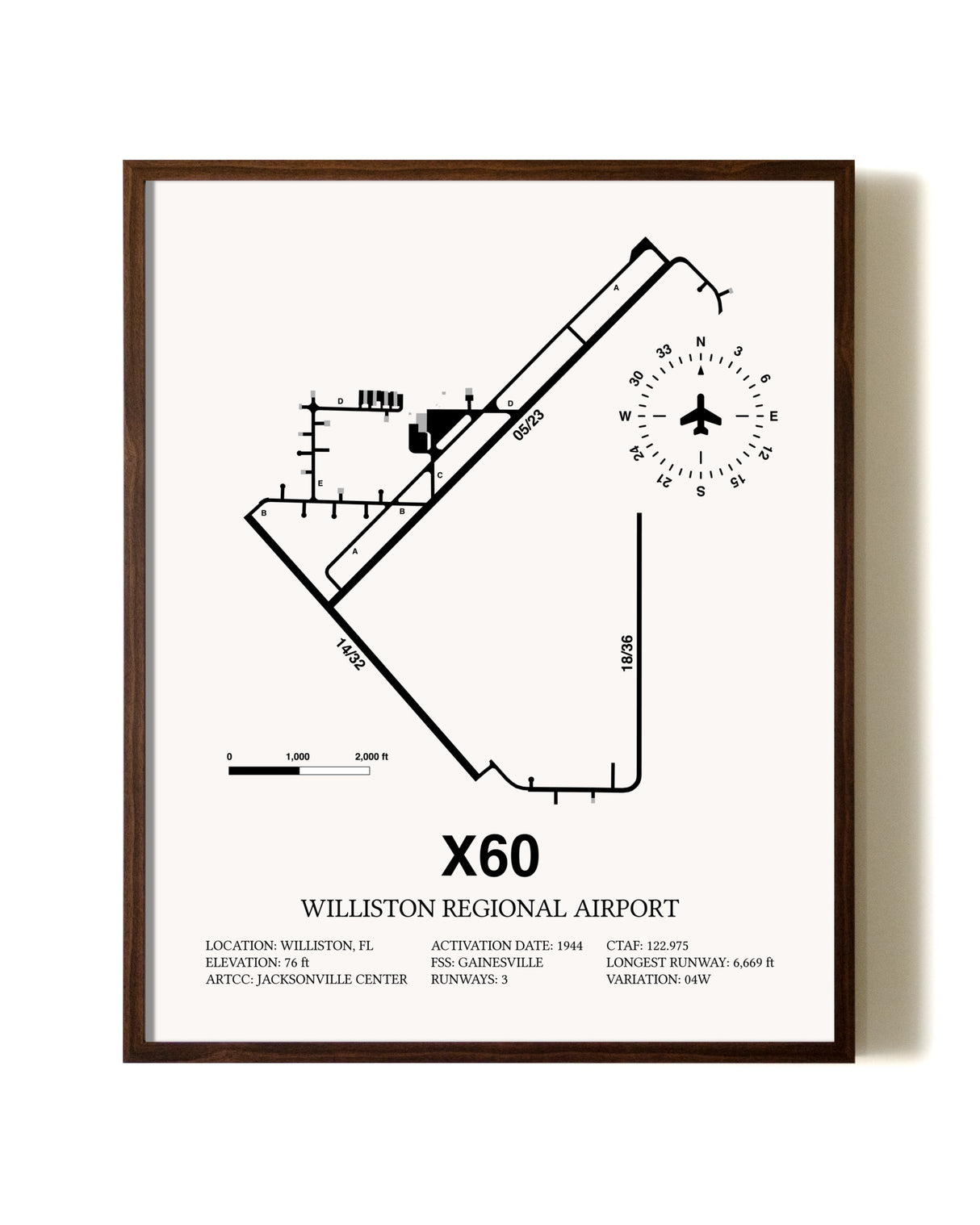 Williston Regional Airport aviation print in walnut frame
