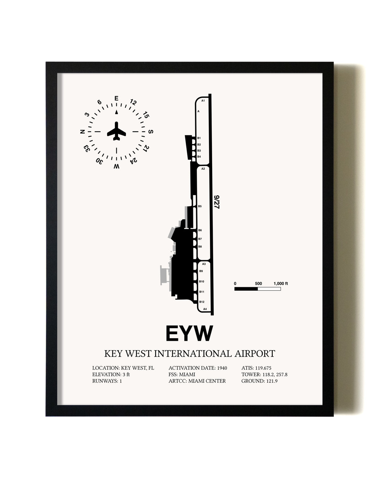 Framed Key West International Airport wall art poster in black frame