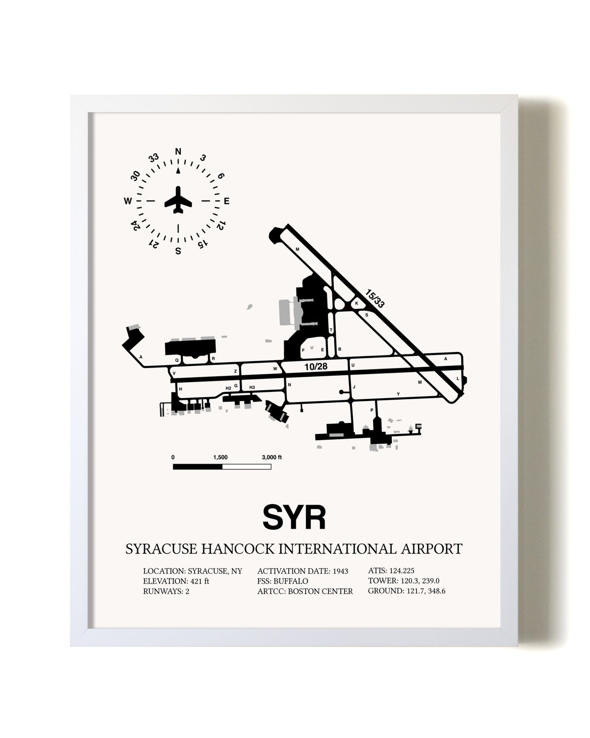 Syracuse Hancock International Airport airport map poster in oak frame