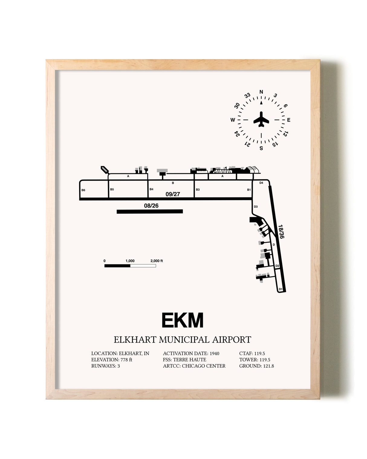 Elkhart Municipal Airport framed wall art in white frame