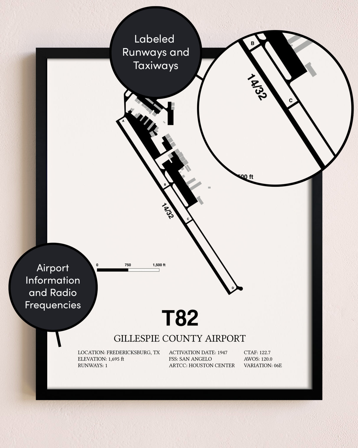 Framed Gillespie County Airport layout wall art poster