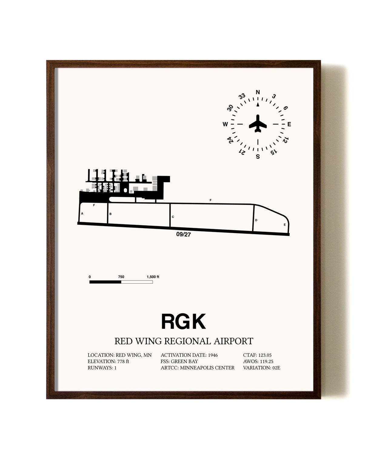 Red Wing Regional Airport aviation print in walnut frame