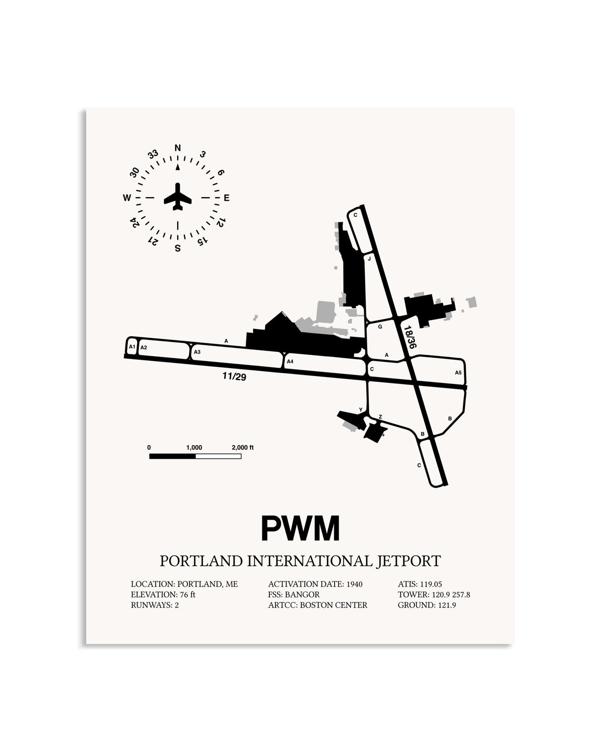 Gray Portland International Jetport framed poster displayed in an airplane hangar