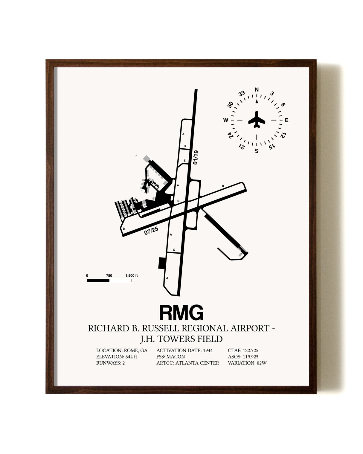 Richard B. Russell Regional Airport - J.H. Towers Field aviation print in walnut frame