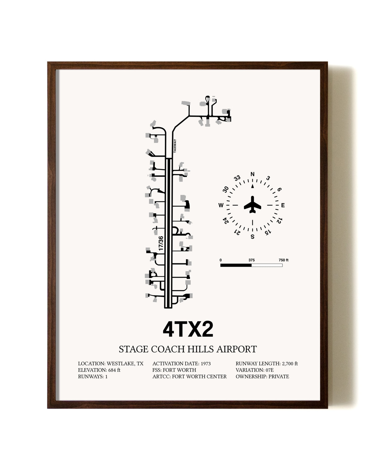 Stage Coach Hills Airport aviation print in walnut frame