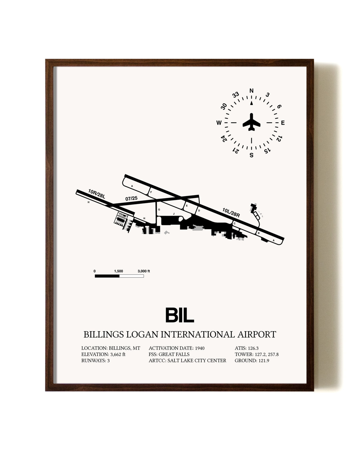 Billings Logan International Airport aviation print in walnut frame