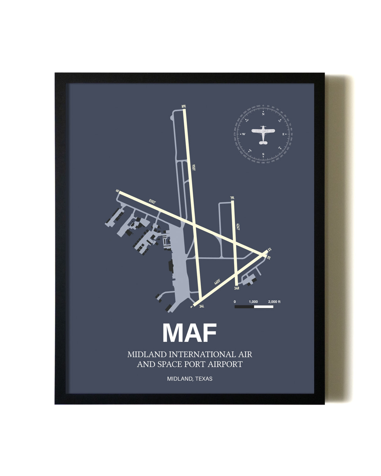 Framed Midland International Air and Space Port Airport wall art poster in black frame