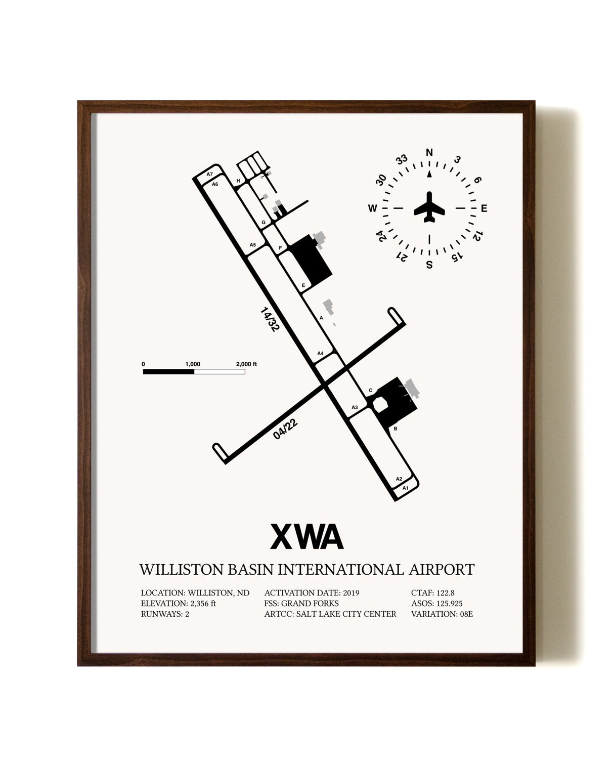 Williston Basin International Airport aviation print in walnut frame