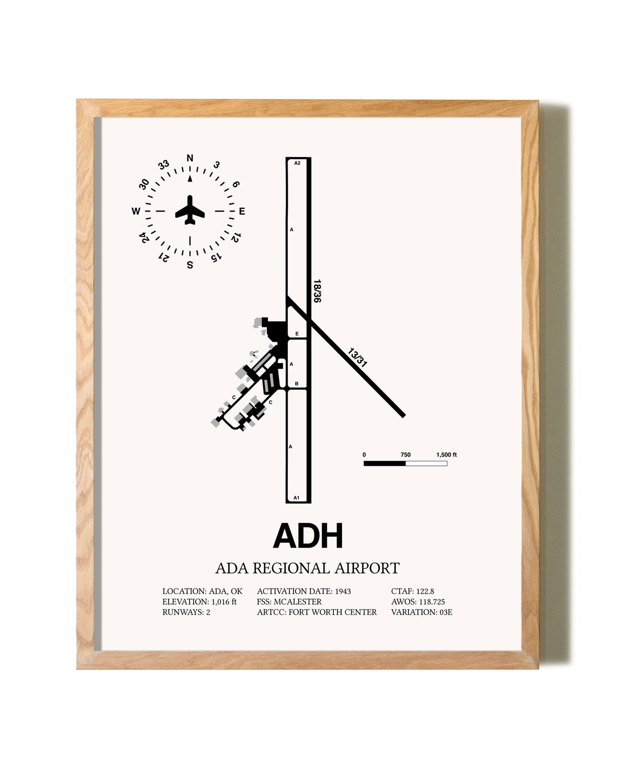 Ada Regional Airport framed print in natural wood frame
