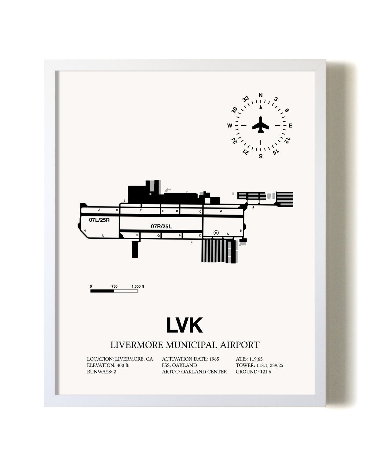 Livermore Municipal Airport airport map poster in oak frame