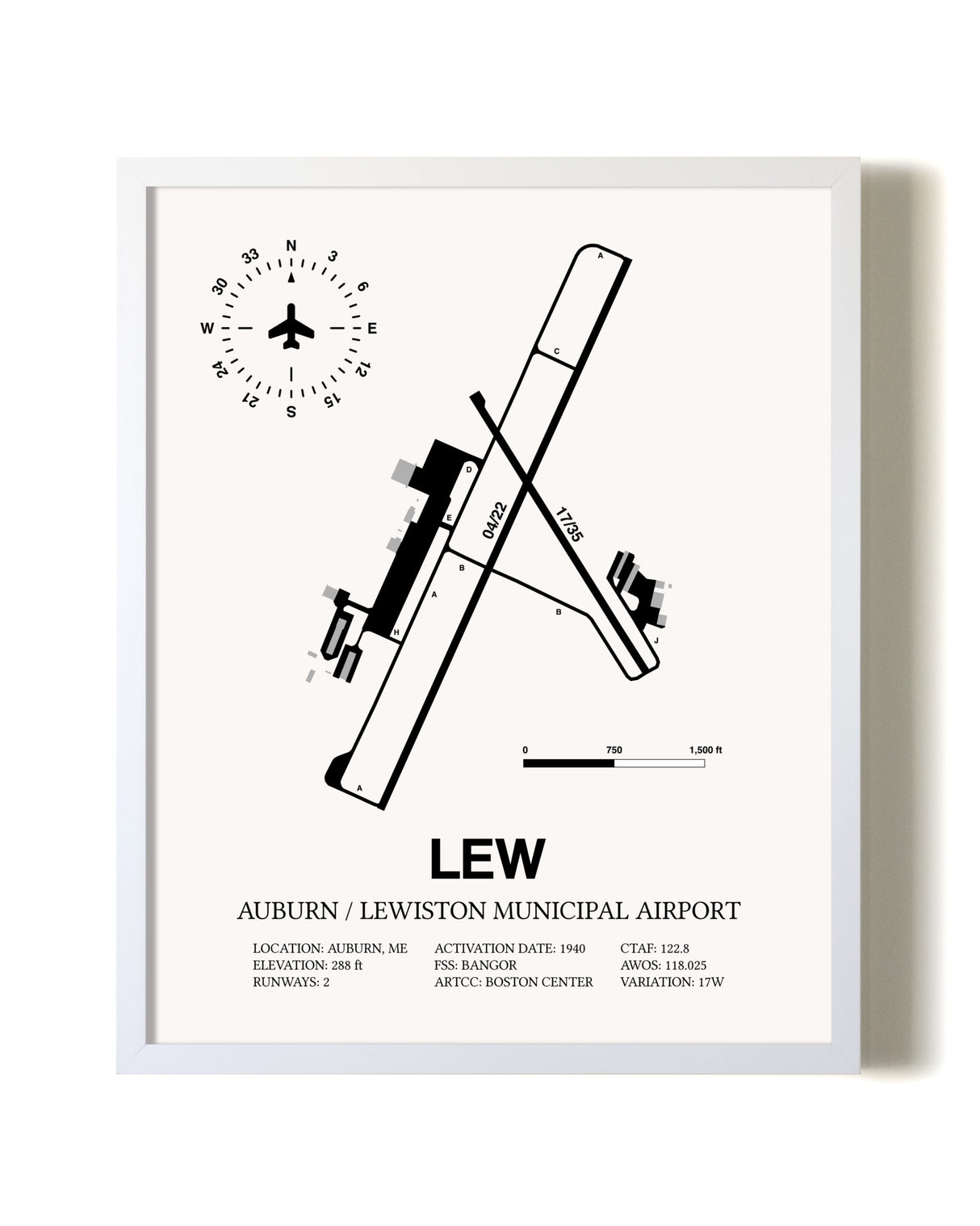 Auburn / Lewiston Municipal Airport airport map poster in oak frame