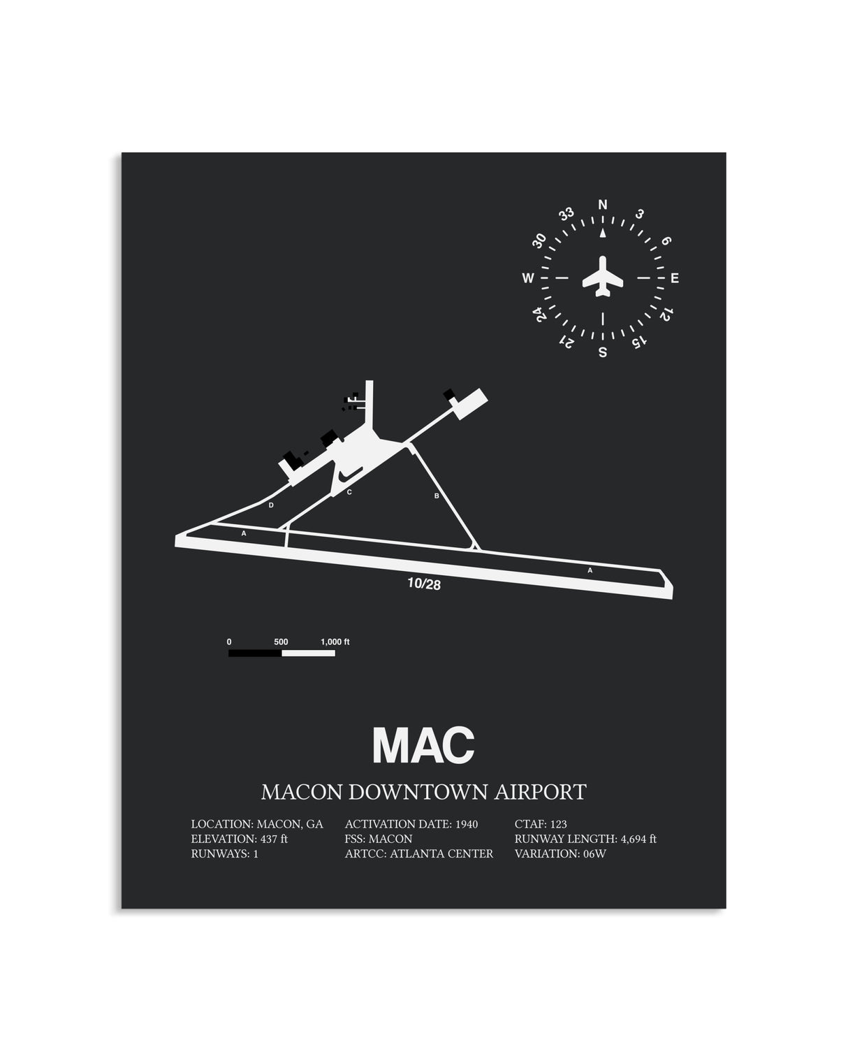 Gray Framed Macon Downtown Airport layout wall art poster