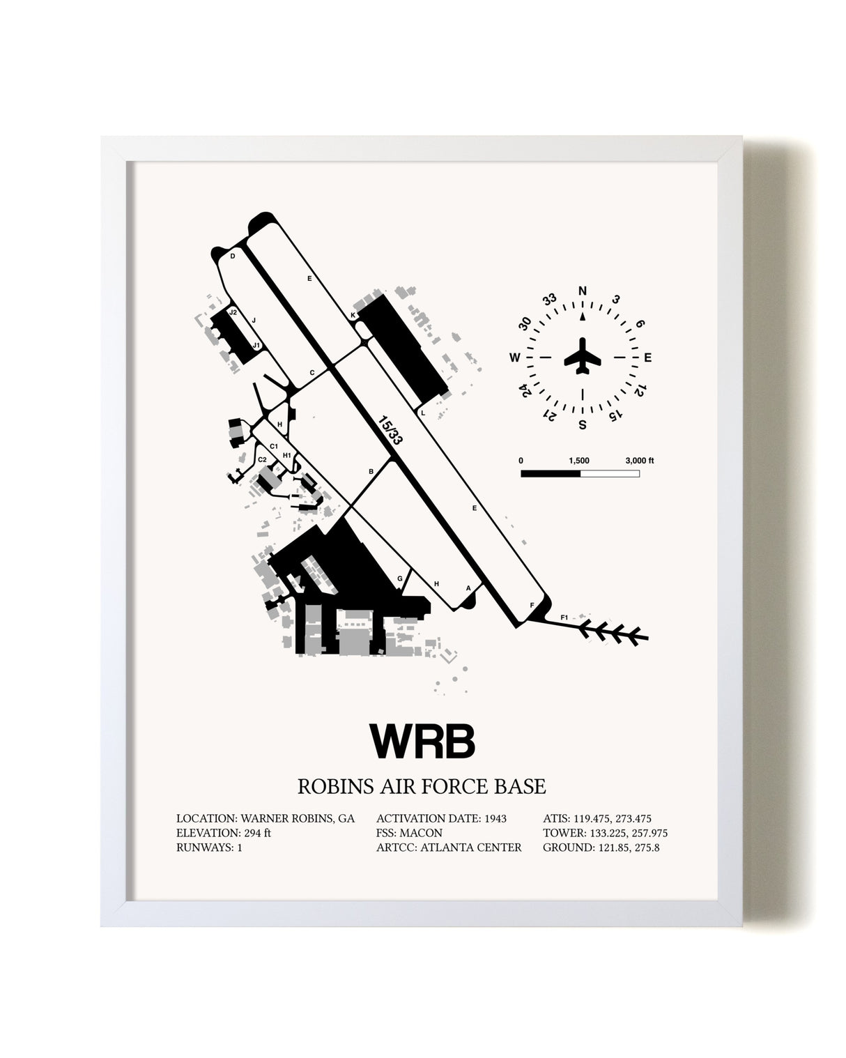 Robins Air Force Base airport map poster in oak frame