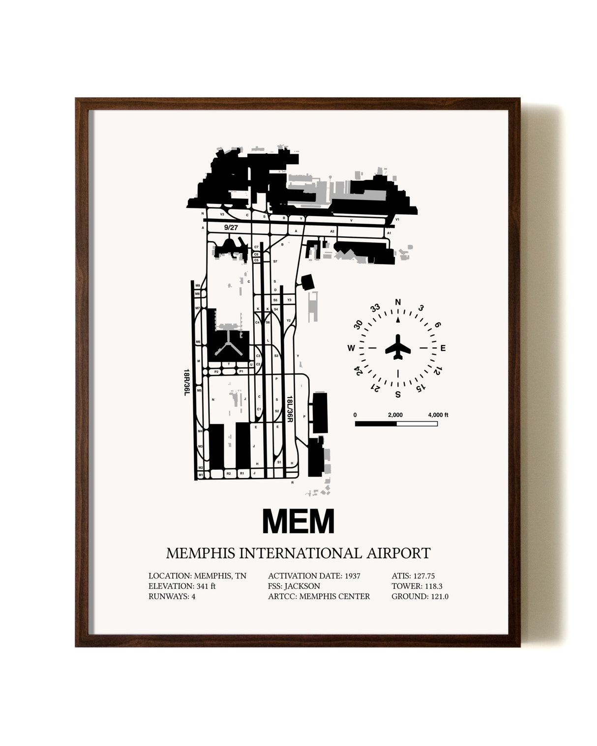 Memphis International Airport aviation print in walnut frame