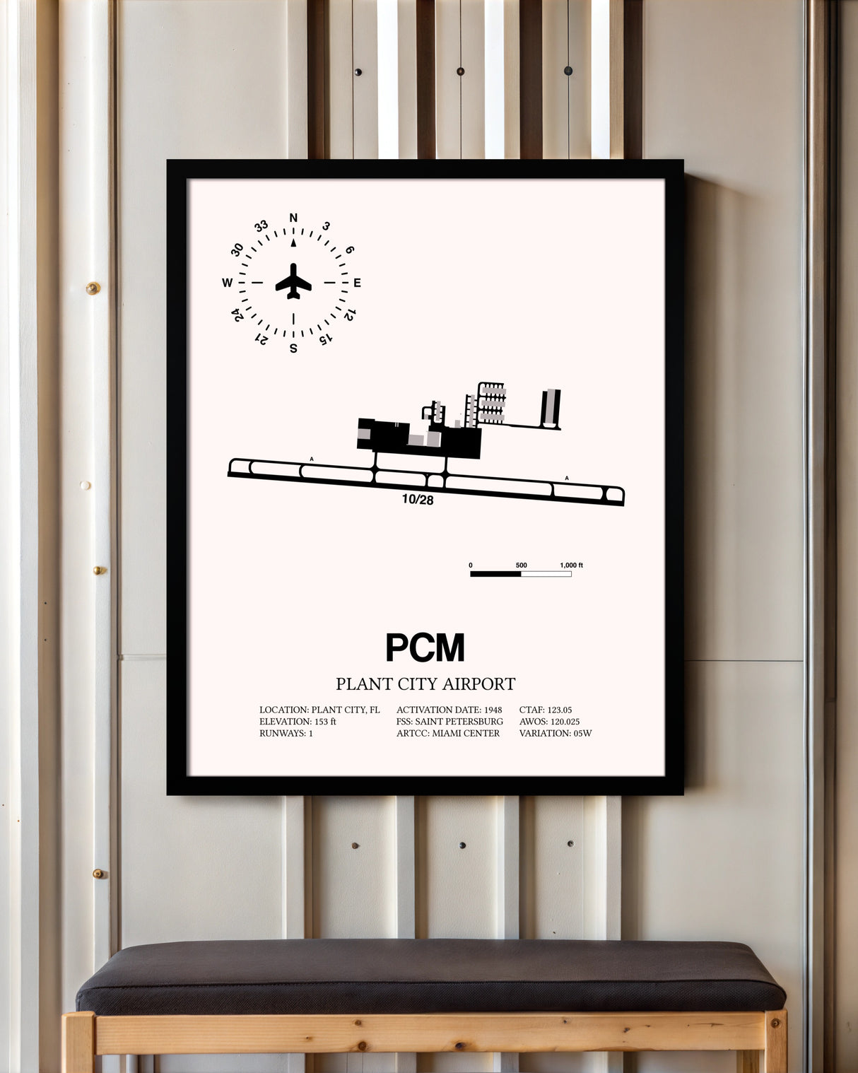 Plant City Airport framed poster displayed in an airplane hangar