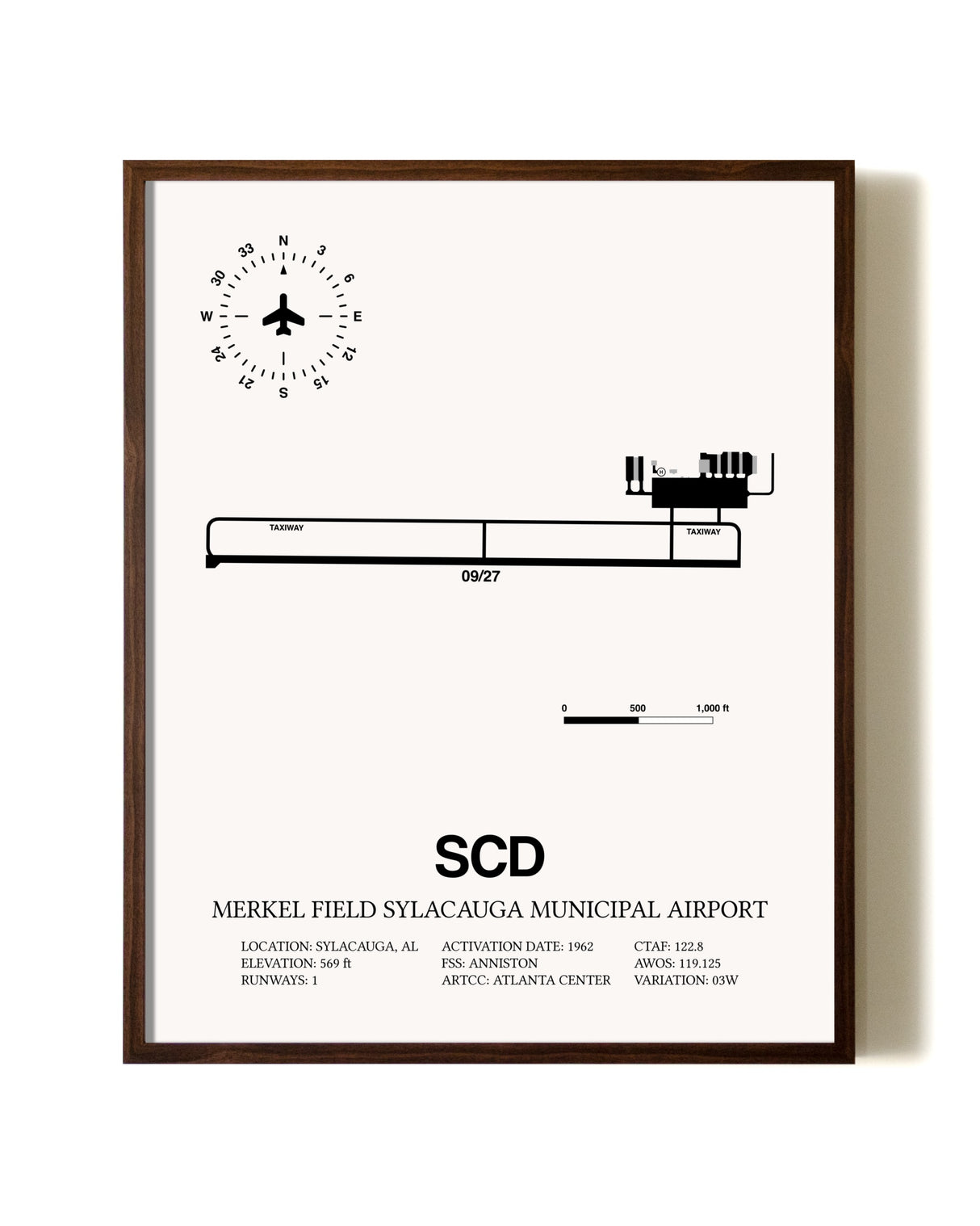 Merkel Field Sylacauga Municipal Airport aviation print in walnut frame
