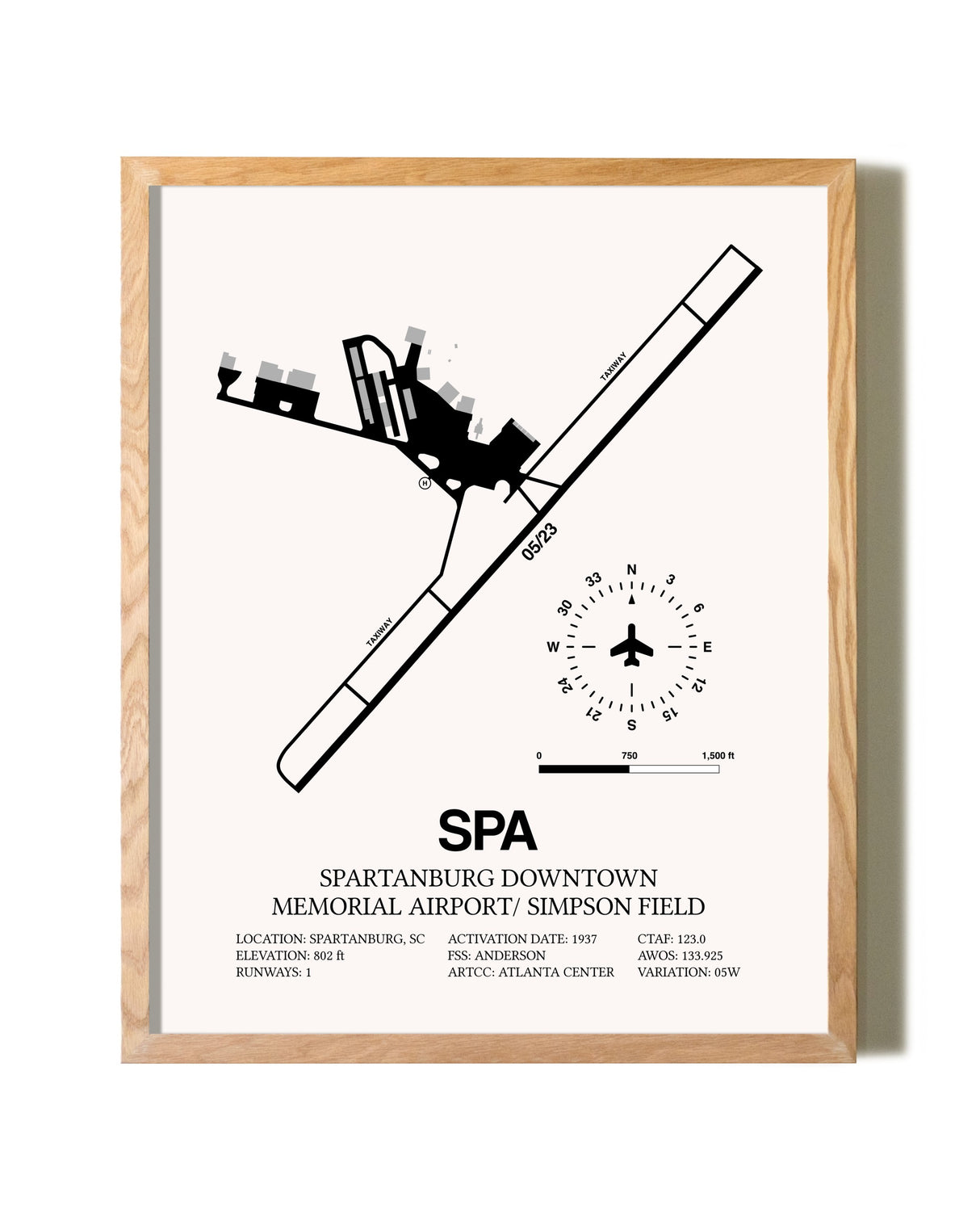 Spartanburg Downtown Memorial Airport / Simpson Field framed print in natural wood frame