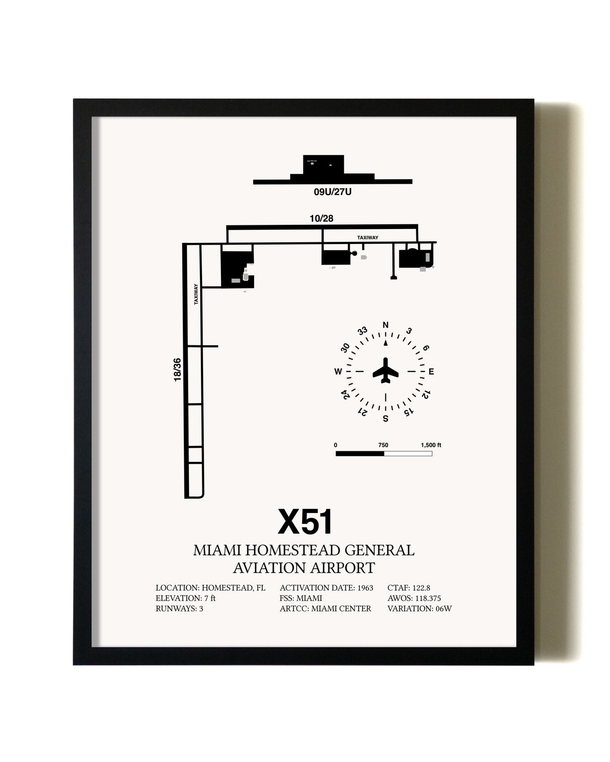 Framed Miami Homestead General Aviation Airport wall art poster in black frame