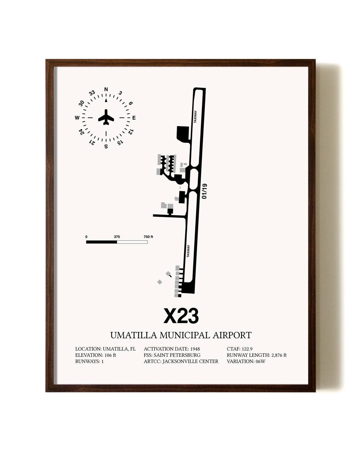 Umatilla Municipal Airport aviation print in walnut frame