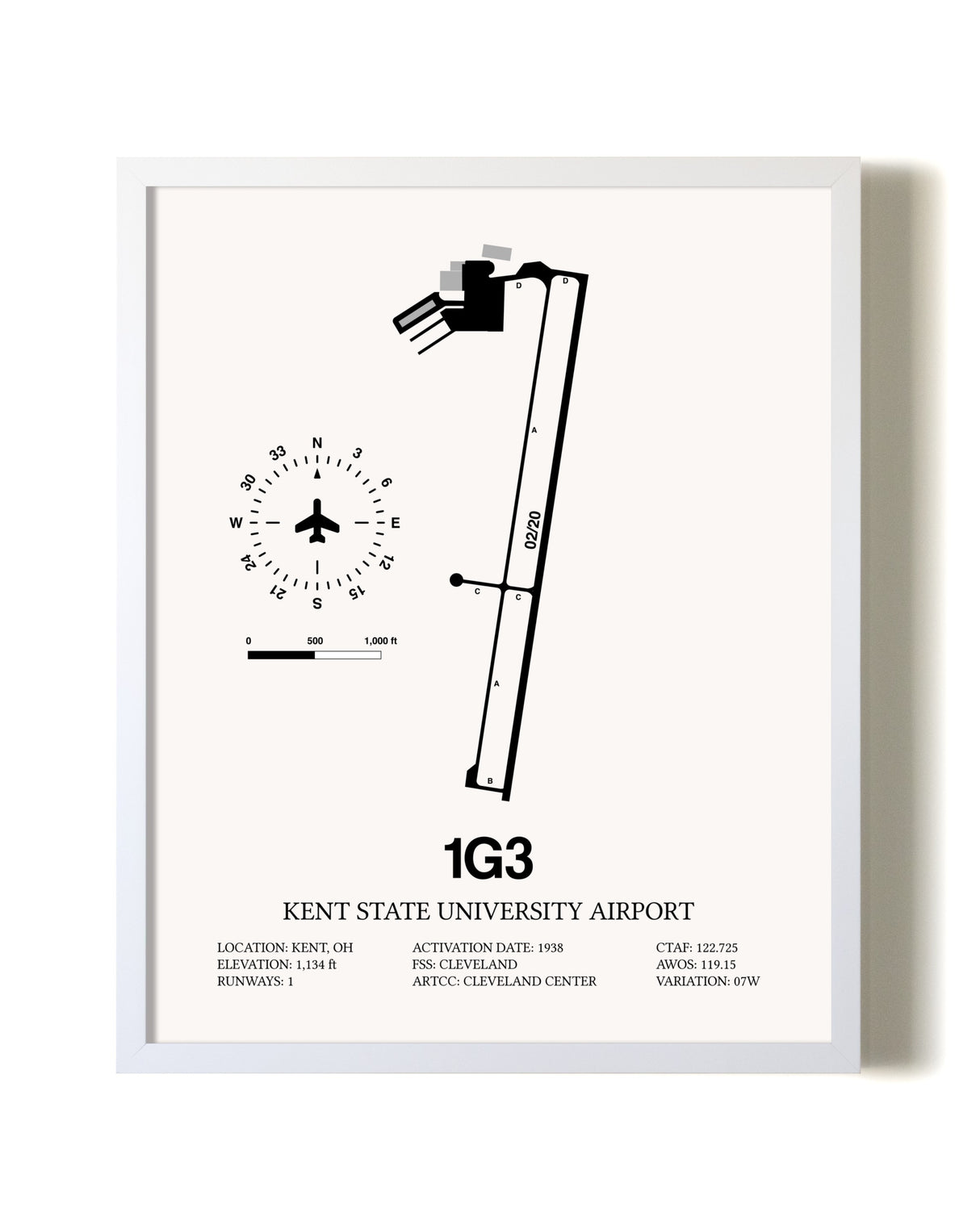 Kent State University Airport airport map poster in oak frame