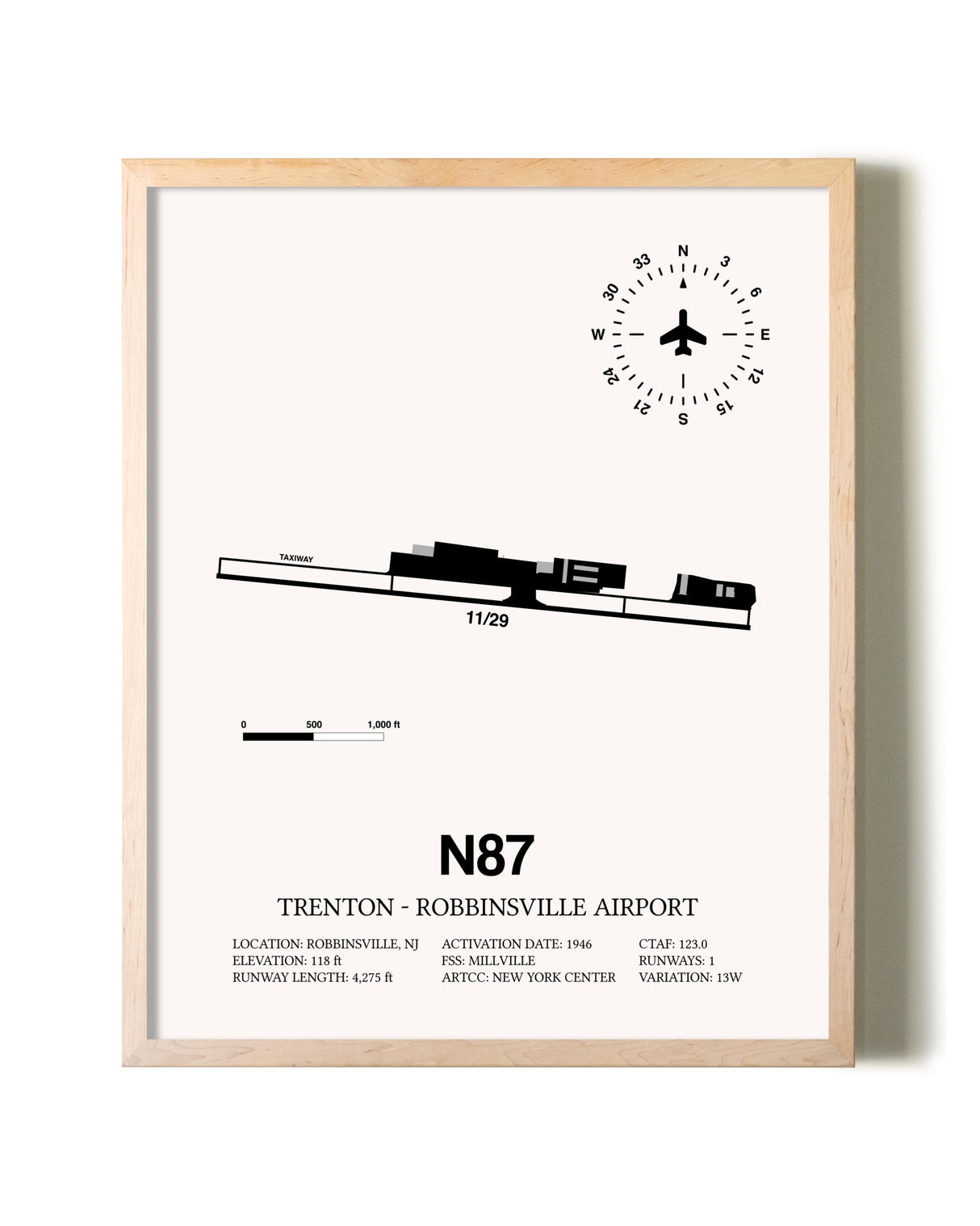 Trenton-Robbinsville Airport framed wall art in white frame