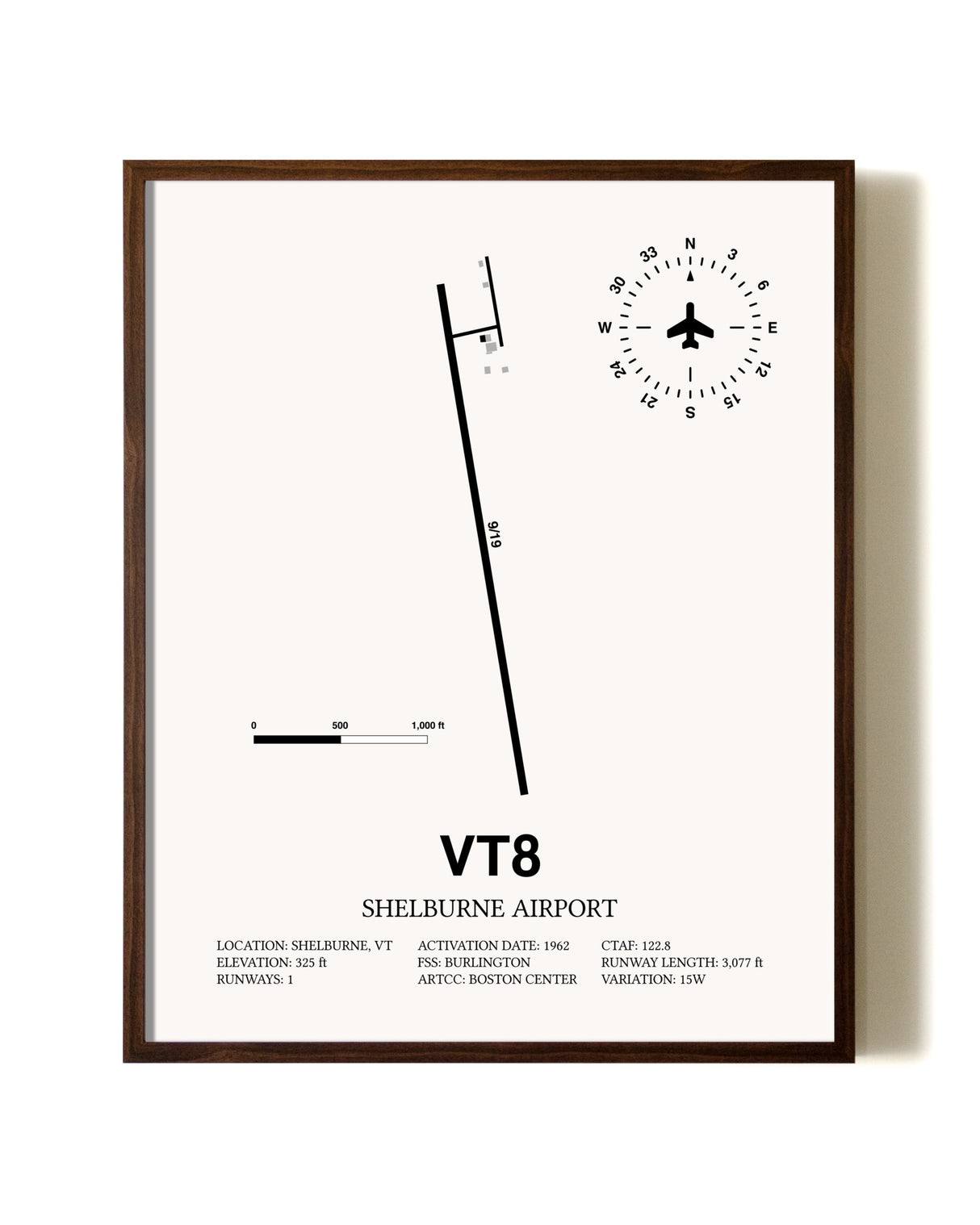 Shelburne Airport aviation print in walnut frame