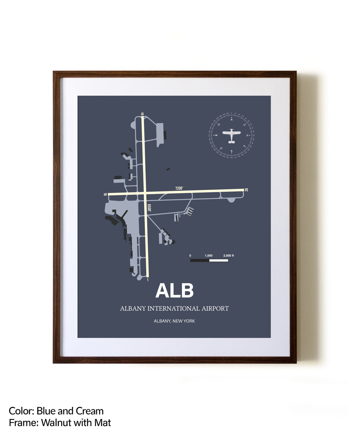 Albany International Airport aviation print in walnut frame with mat