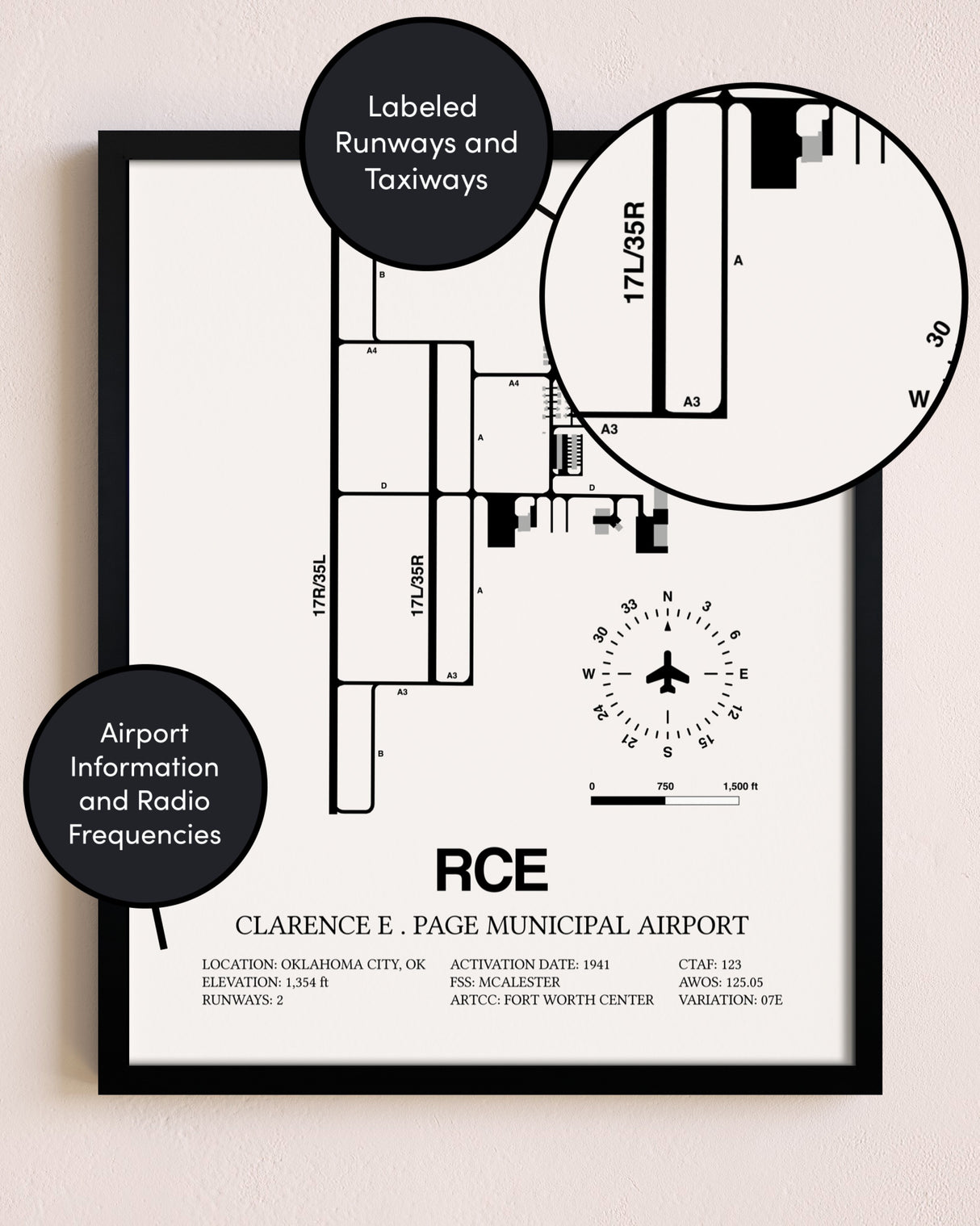 Framed Clarence E. Page Municipal Airport layout wall art poster