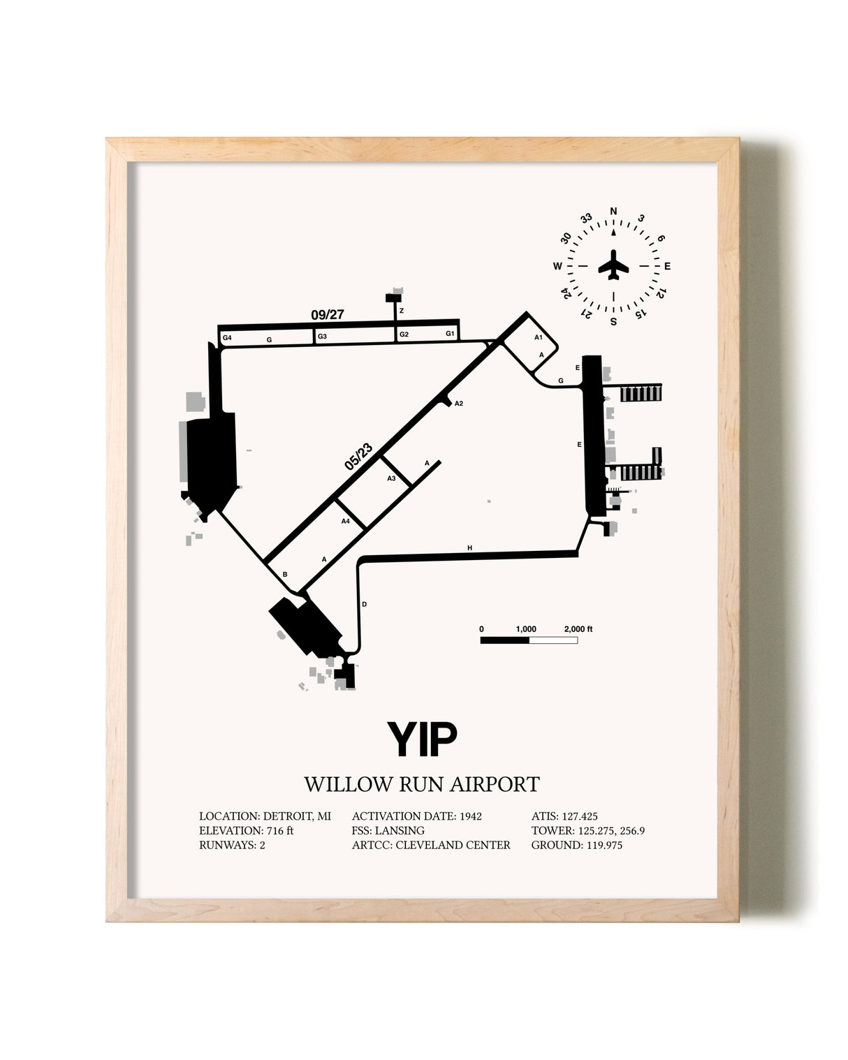 Willow Run Airport framed wall art in white frame