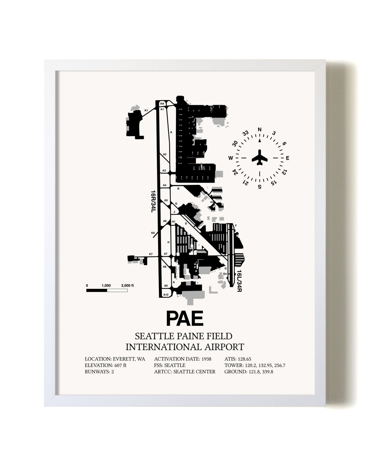 Seattle Paine Field International Airport airport map poster in oak frame
