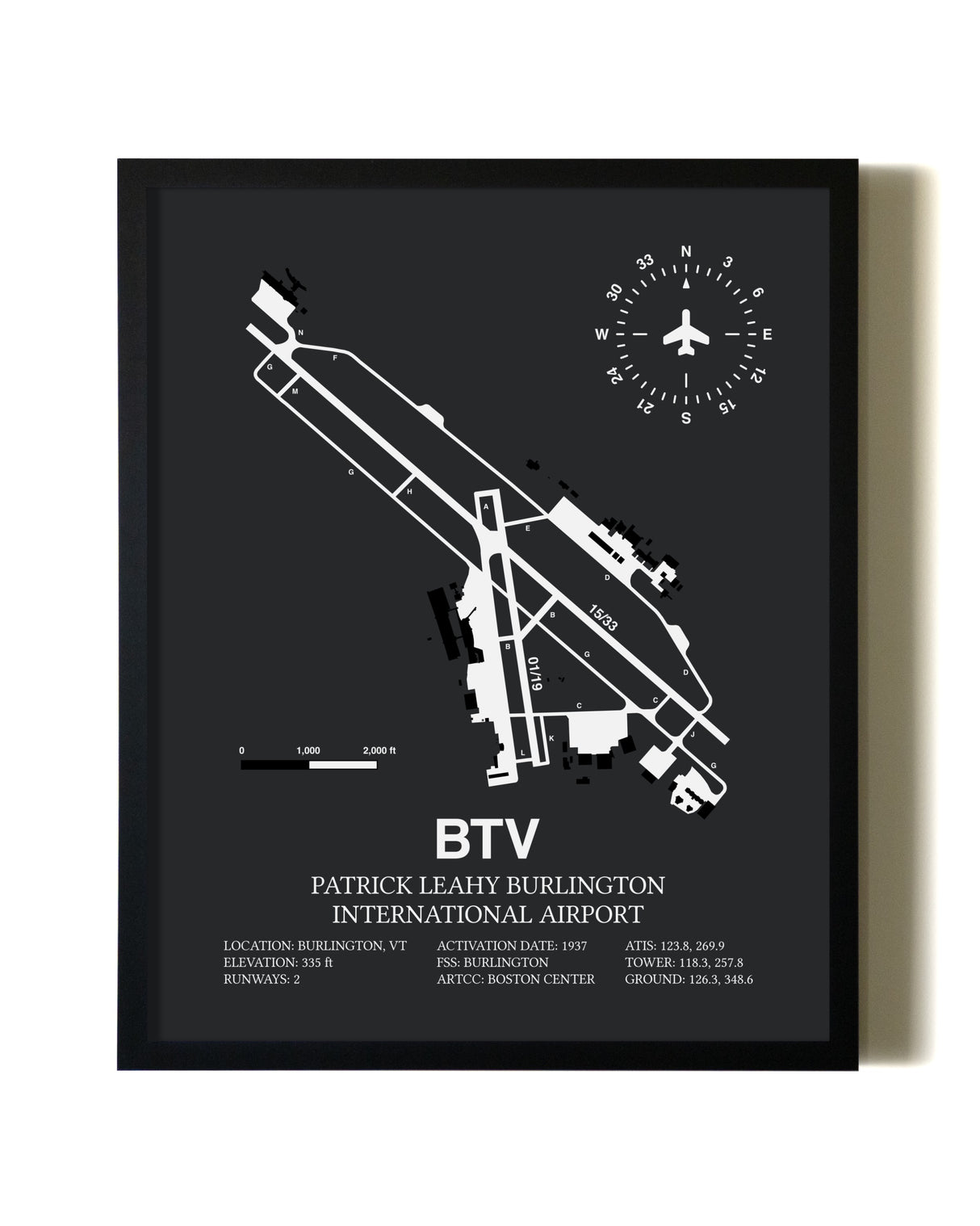 Unframed Patrick Leahy Burlington International Airport map print poster