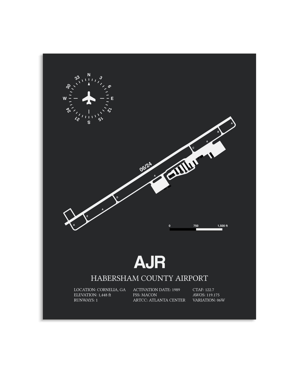 Gray Framed Habersham County Airport layout wall art poster