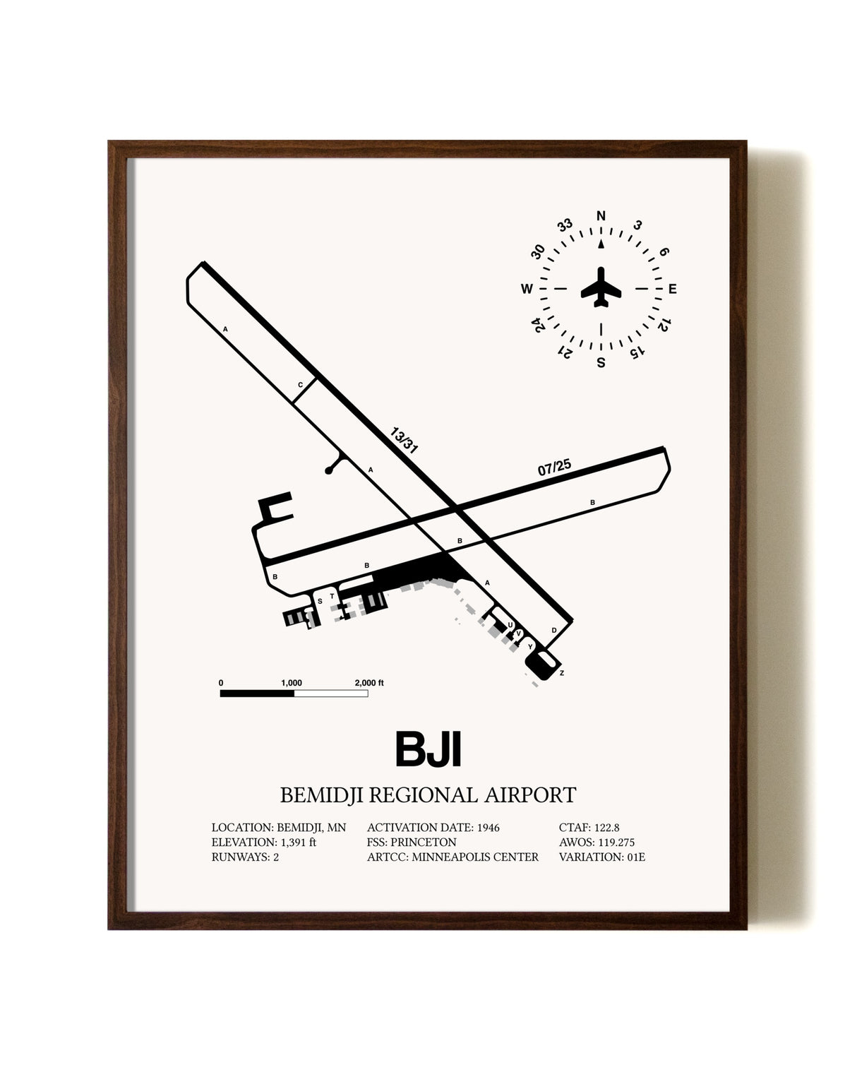Bemidji Regional Airport aviation print in walnut frame