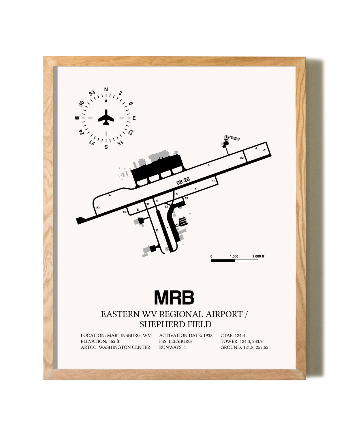 Eastern WV Regional Airport / Shepherd Field framed print in natural wood frame