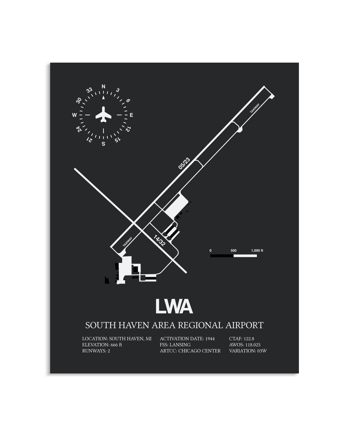 Gray Framed South Haven Area Regional Airport layout wall art poster