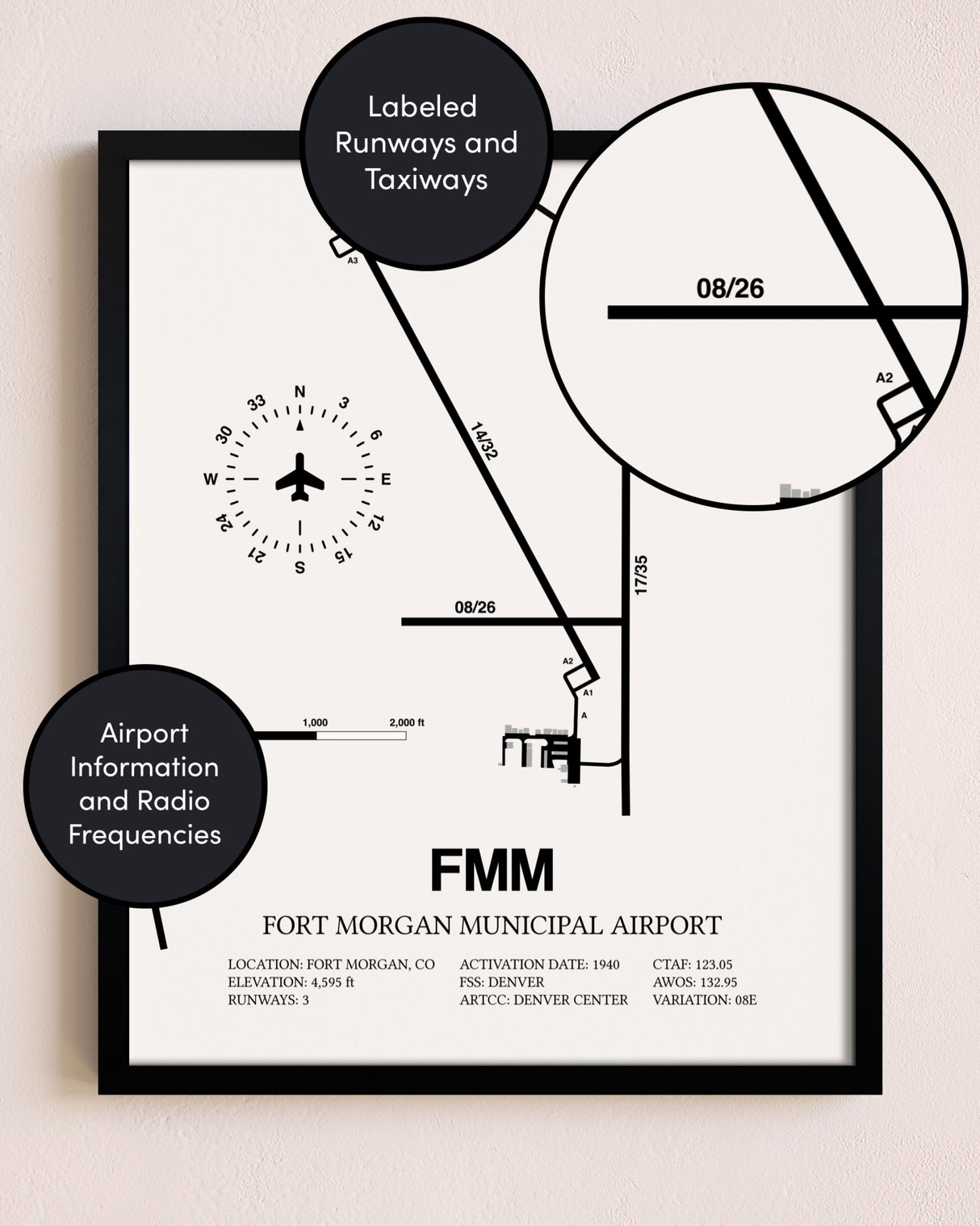 Framed Fort Morgan Municipal Airport layout wall art poster