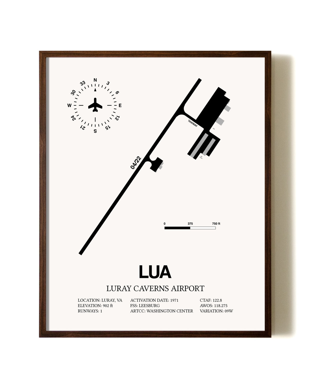 Luray Caverns Airport aviation print in walnut frame