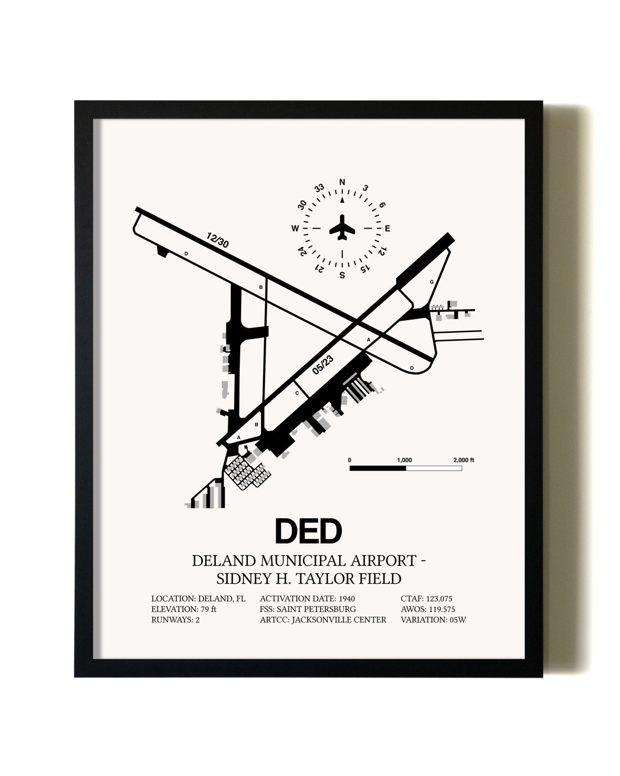Framed Deland Municipal Airport-Sidney H Taylor Field wall art poster in black frame