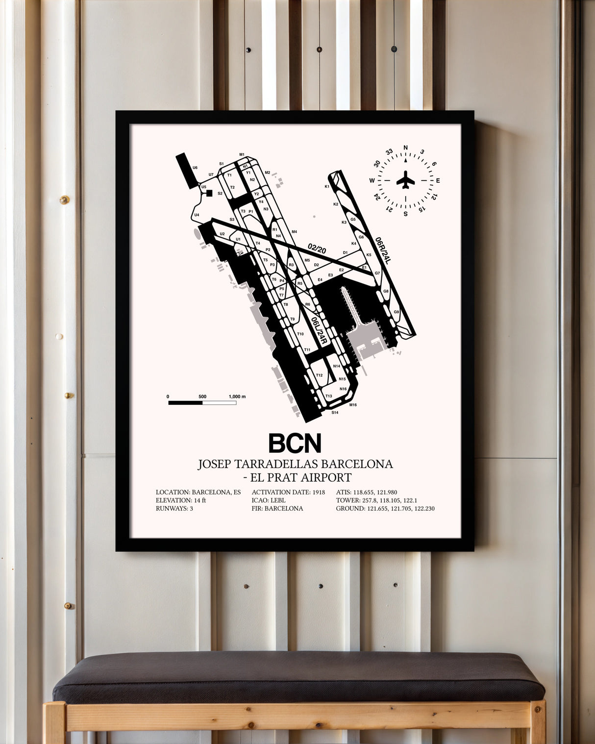 Josep Tarradellas Barcelona-El Prat Airport framed poster displayed in an airplane hangar