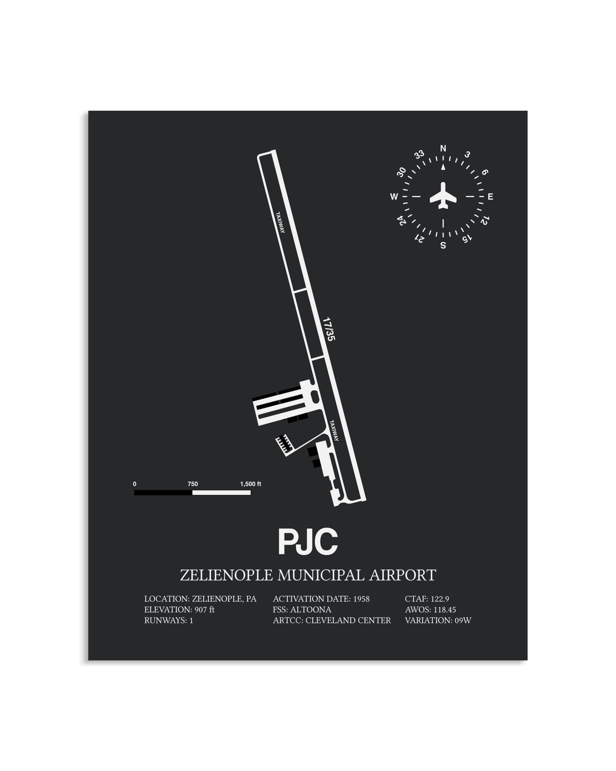Gray Framed Zelienople Municipal Airport layout wall art poster